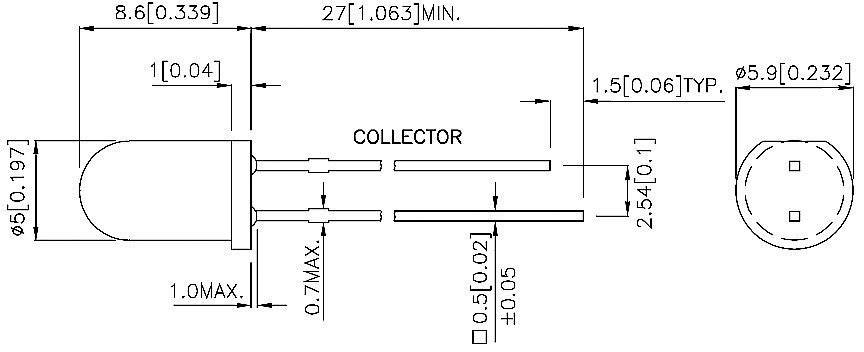 Schéma elektrické součástky s rozměry v palcích: znázorňuje pohled shora a boční pohled tranzistoru s vývody.