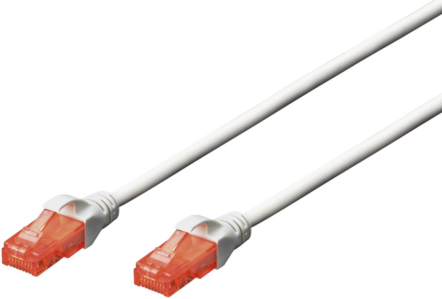 Bílý síťový kabel s dvěma oranžovými konektory na obou koncích.