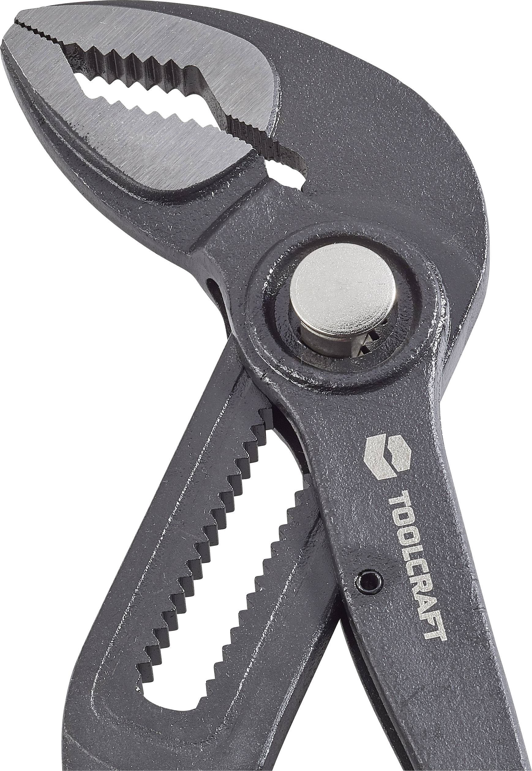 'Šedé kleště značky Toolcraft s nastavitelným kloubem a ozubenými úchopovými plochami, vhodné pro různé velikosti obrobků.'