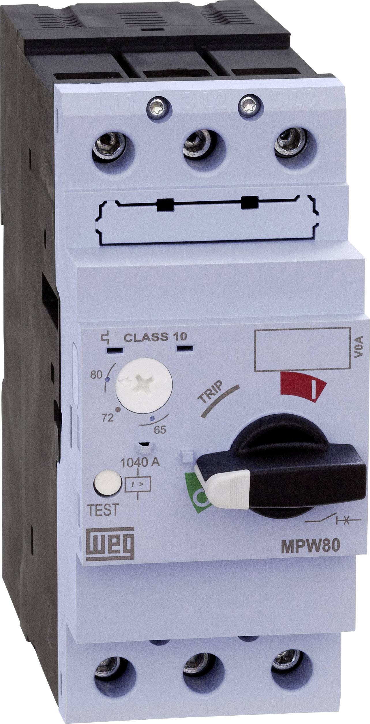 Motorový jistič MPW80 WEG s testovacím a resetovacím spínačem, nastavení třídy 10. Černý kryt, několik připojovacích svorek.