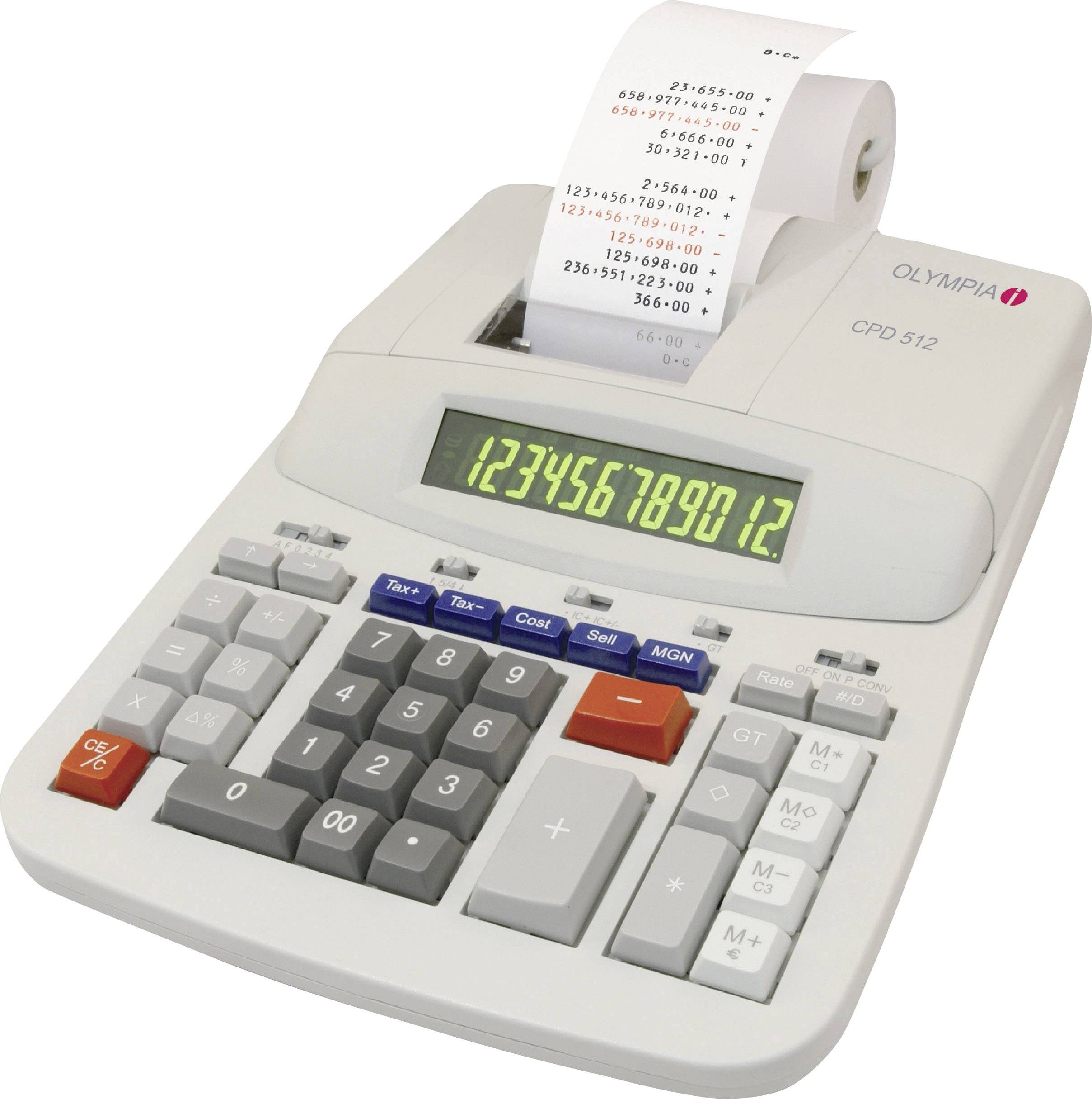 Elektrický stolní kalkulátor s tiskovou funkcí. Display zobrazuje '123456789012'. Papírová rolka s vytisknutými čísly.
