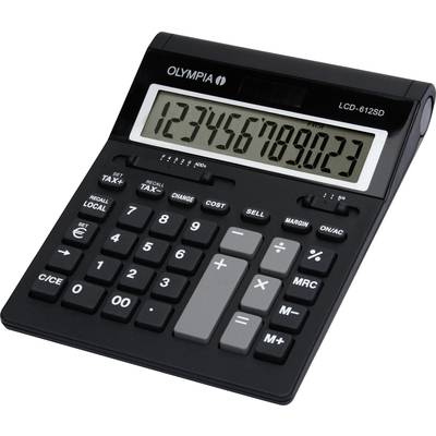 Černá kalkulačka s velkými bílými tlačítky a digitálním displejem, zobrazující číslo '123456789,023'.
