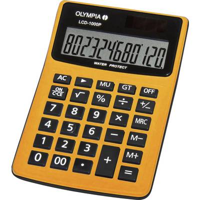 Oranžový kalkulátor s dobře čitelným displejem a velkými tlačítky zobrazuje číslo '802324680120'.
