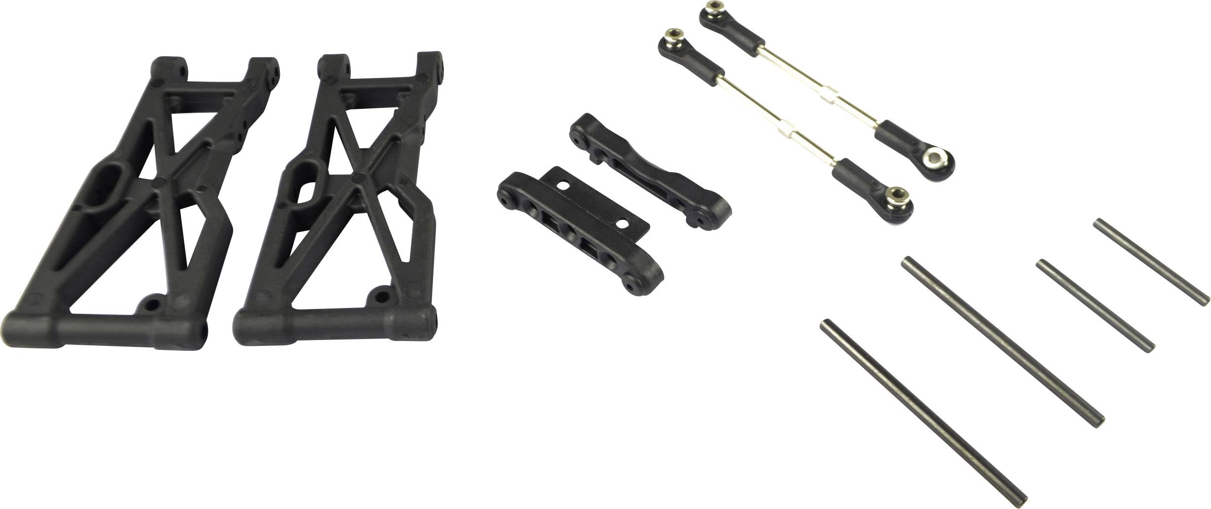 Sada náhradních dílů pro dálkově ovládané vozidlo, skládající se ze dvou zavěšení ramen, dvou spojovacích tyčí a několika kovovými kolíky.