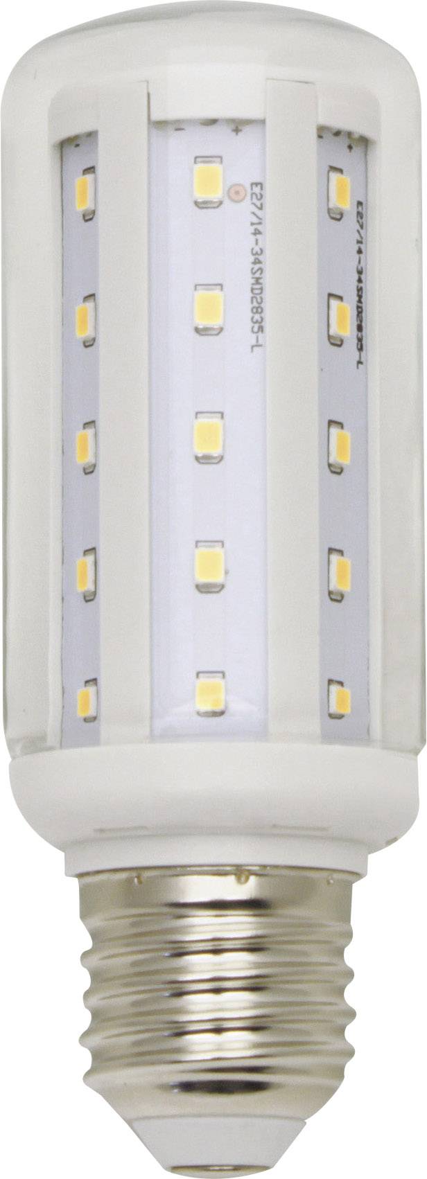 LED žárovka s paticí E27, sloupkovitého tvaru, bílá základna, viditelné žluté LED diody podél válce.
