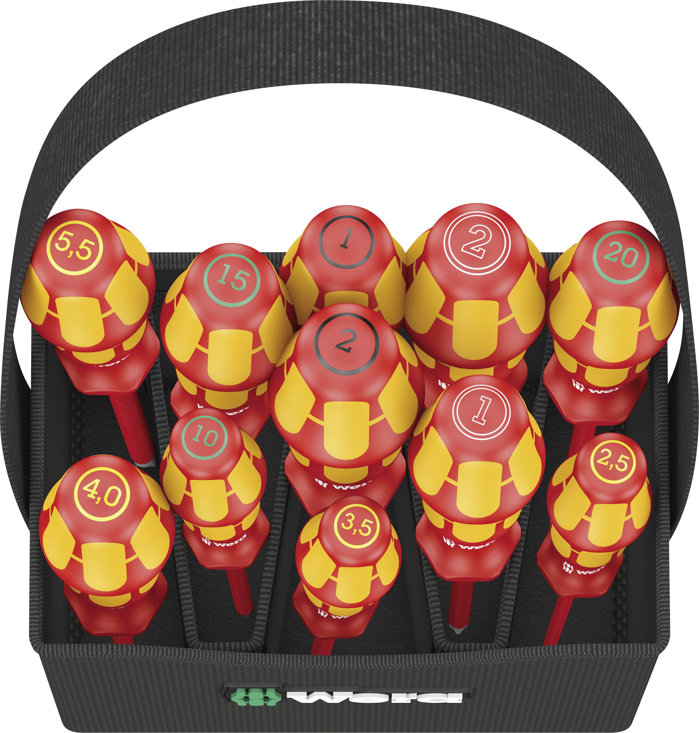 Sada šroubováků s červenými rukojeťmi a žlutými označeními, číslovaná od 1 do 10, v černém kufříku.