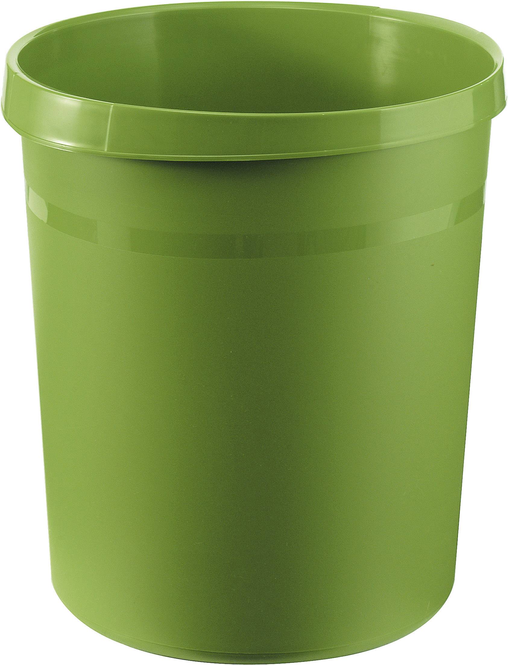 Zelený plastový odpadkový koš bez viditelného obsahu, před neutrálním pozadím.