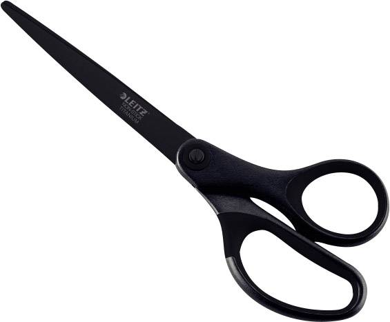Černé nůžky s ergonomickými úchyty, vhodné pro stříhání papíru.