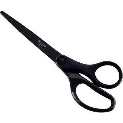 Černé nůžky s ergonomickými úchyty, vhodné pro stříhání papíru.
