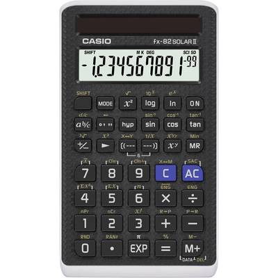 Vědecký kapesní kalkulátor Casio fx-82 Solar II se solární funkcí, zobrazující číslo 123456789 na displeji. Obsahuje matematické funkční klávesy.