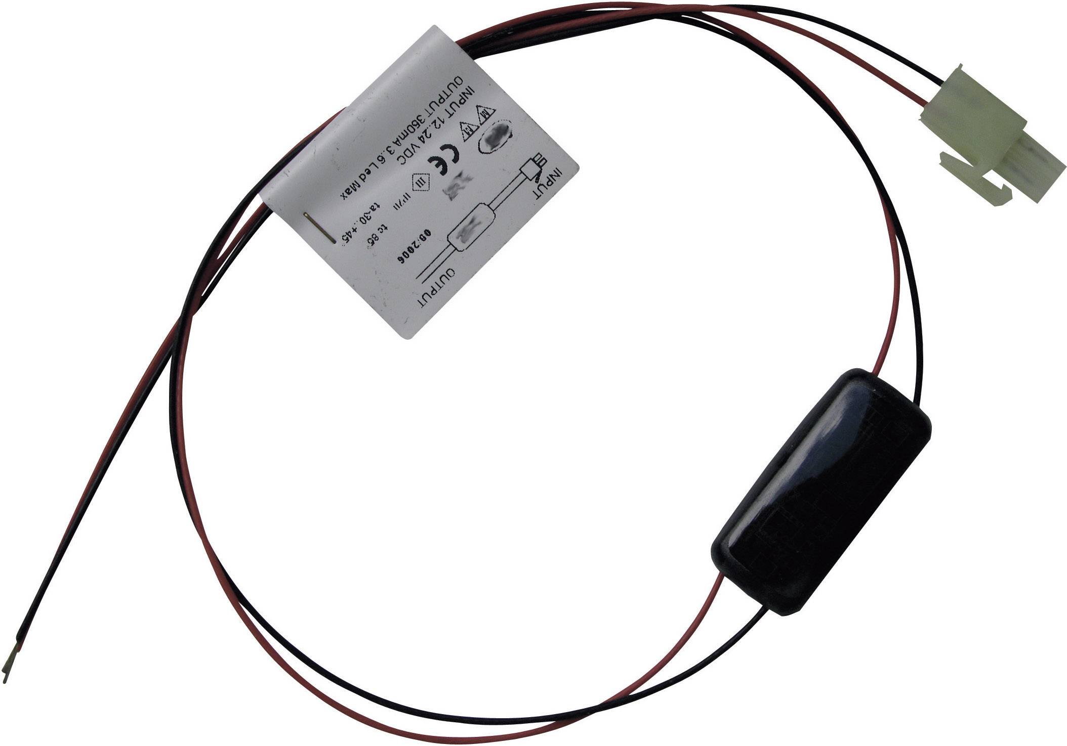 Elektronický adaptér s kabely a zástrčkou. Na adaptéru jsou patrné technické informace a symboly.