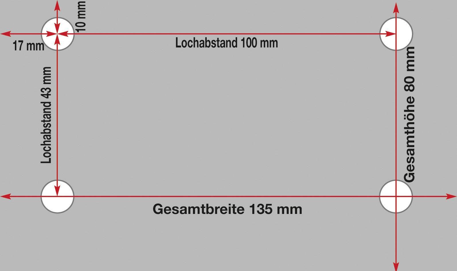 Obdélníkový vzor děr: celková šířka 135 mm, celková výška 80 mm. Průměr děr 17 mm. Rozteč děr: 43 mm vertikálně, 100 mm horizontálně.