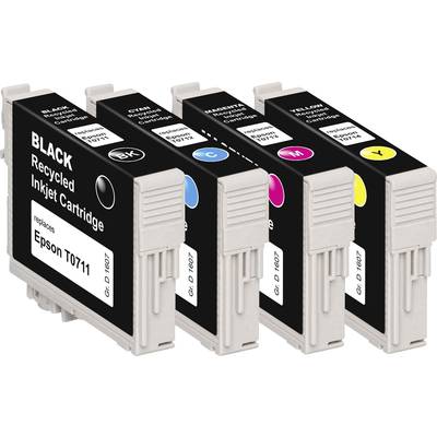 Čtyři inkoustové kazety v černé, azurové, purpurové a žluté barvě, označené jako „Recyklovaná inkoustová kazeta", „náhrada za Epson T0711".