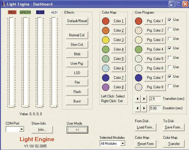 'Light Engine - Ovládací panel': Softwarové rozhraní pro řízení osvětlení s nastavením barev, efektů, uživatelských programů a možnostmi modulů.