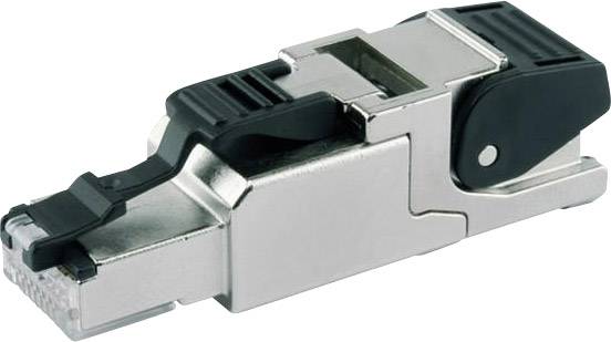 Stříbrný konektor RJ45 s černou páčkou, vhodný pro síťová připojení.