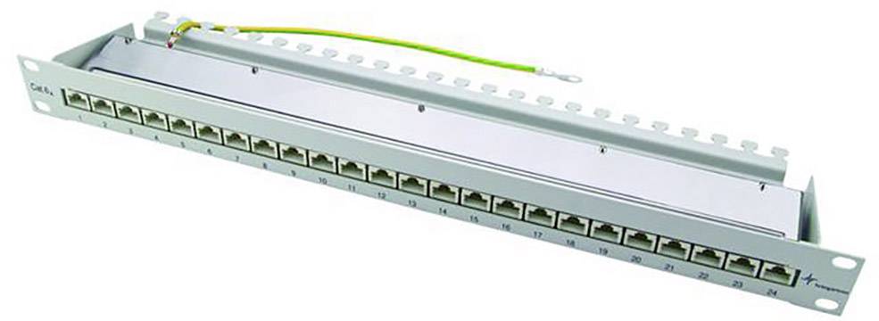 Patch panel se 24 ethernetovými porty, lineárně uspořádanými v kovovém rámu, s horní kabelovou řídící lištou, vhodný pro síťové kabelové rozvody.