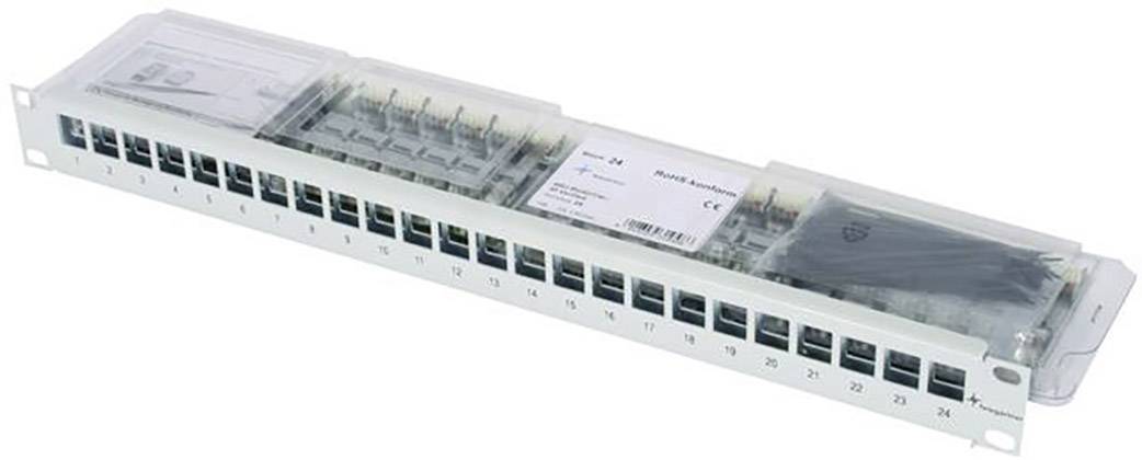 Patch panel se 24 porty RJ45, číslovaný od 1 do 24. Stínovaný kryt a popis na horní straně.
