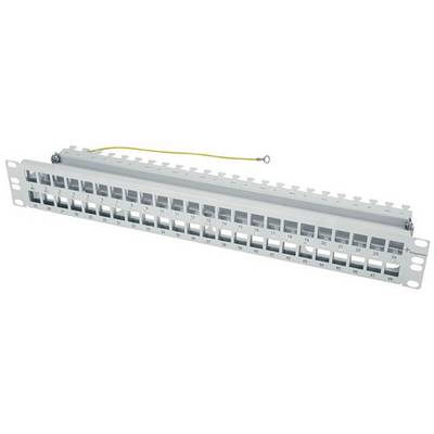 Patch panel se 48 porty, číslovanými od 1 do 48, na zadní straně s žlutým uzemňovacím kabelem, který slouží ke strukturované kabeláži v počítačových sítích.