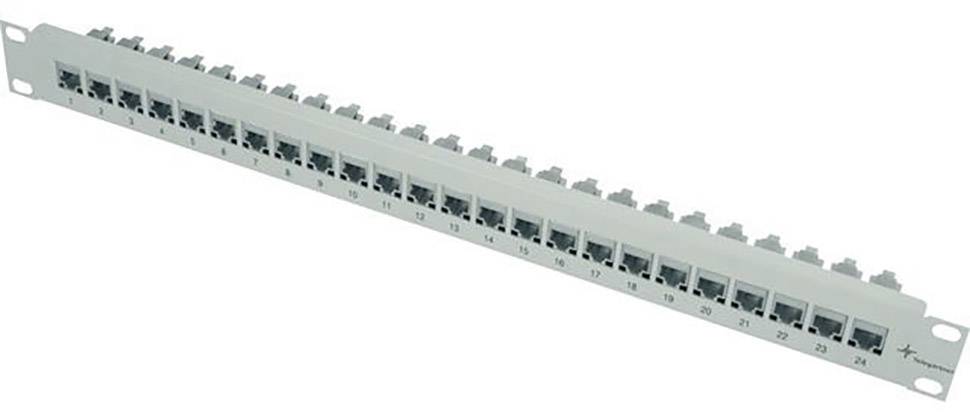 Síťový patch panel se 24 porty RJ45, očíslovanými od 1 do 24. Používá se k organizaci a správě kabelových připojení.