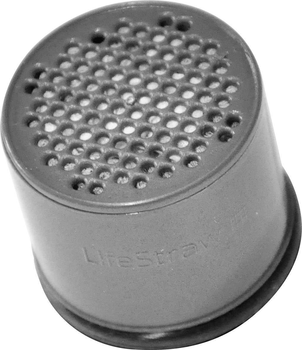 Kulatý vodní filtr s nápisem 'LifeStraw' určený k čištění vody.