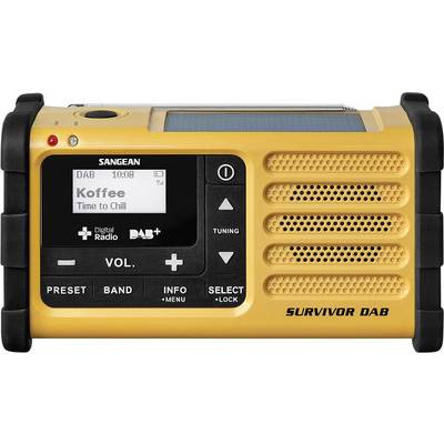 Přenosné žluté DAB rádio se solárním článkem. Display zobrazuje 'Koffee' a 'Time to Chill'. Vlevo jsou ovladače ladění a hlasitosti.