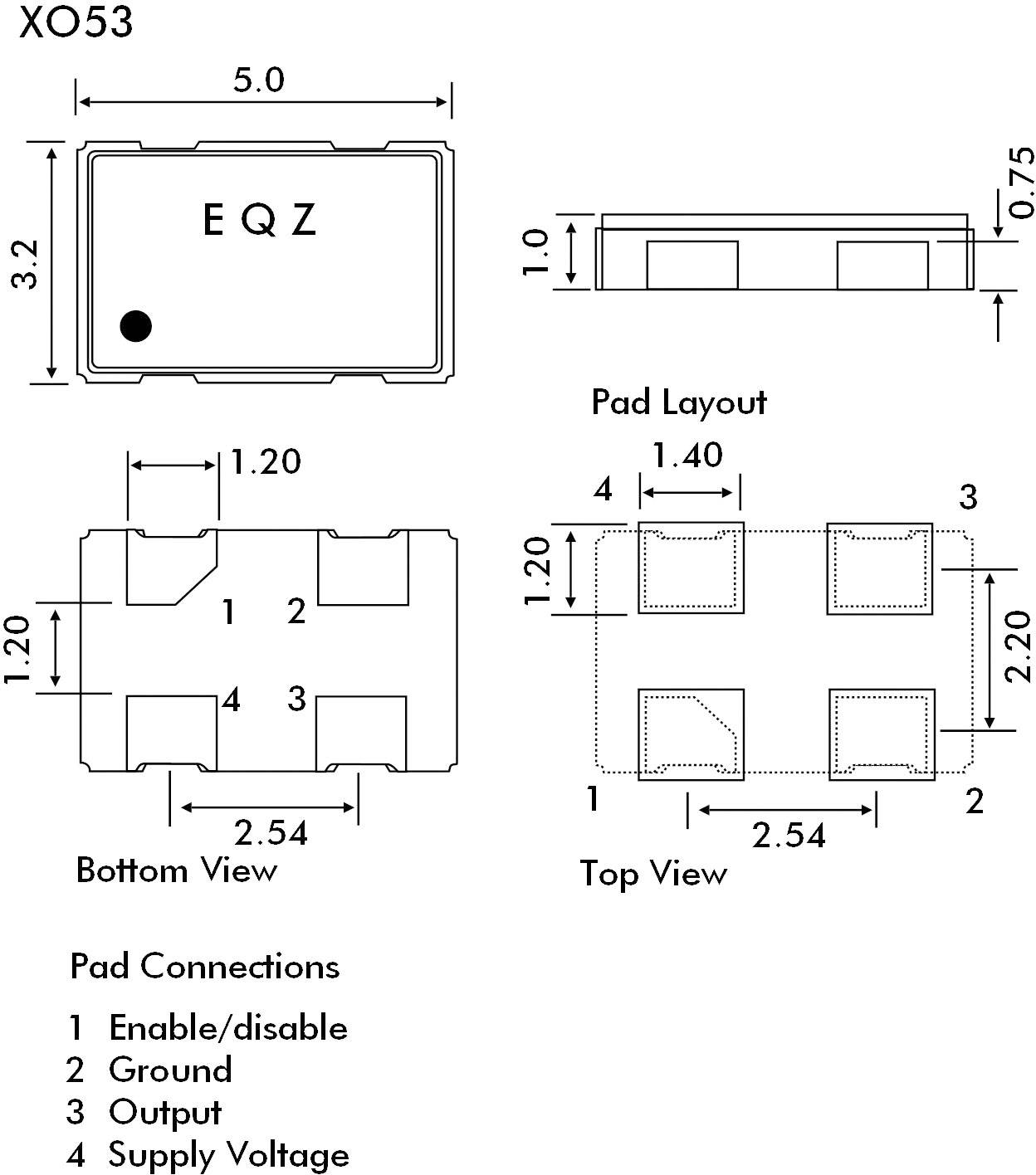 Diagram 'XO53' zobrazuje rozměry a pin-layout elektronické součástky. Označuje pozice svorek: 'Povolení/zákaz', 'Uzemnění', 'Výstup', 'Napájecí napětí'.
