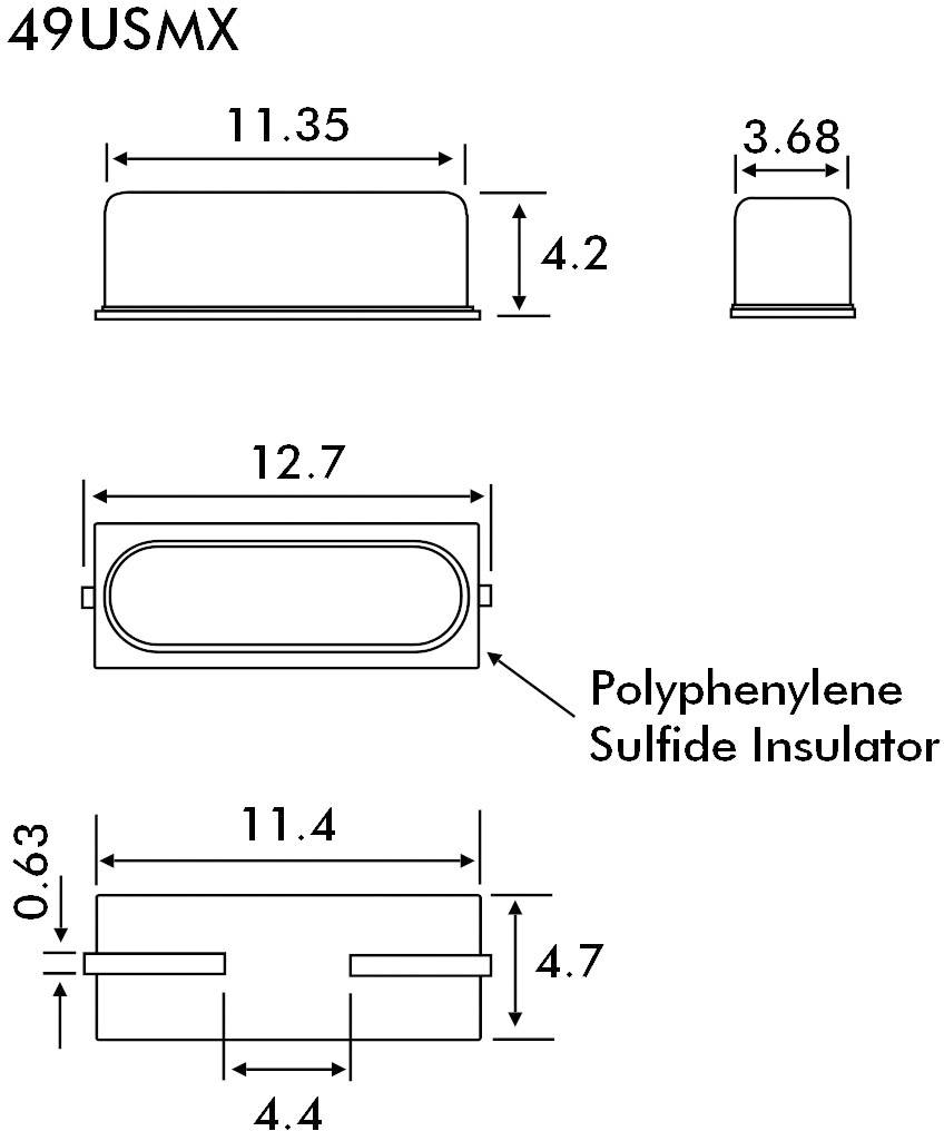 Technický výkres součásti s rozměry pro výšku, šířku a hloubku. Hlavní materiál: Izolant z polyfenylensulfidu.
