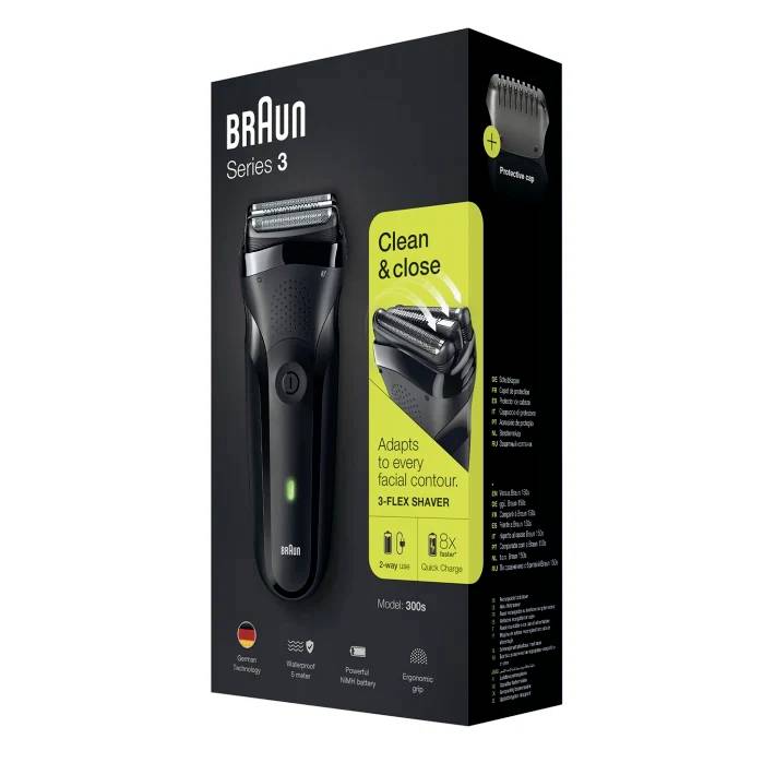 Obal holicího strojku Braun Series 3 300s v černé barvě s zeleným textem: „Čistě a těsně", „Přizpůsobuje se každému obrysu obličeje".