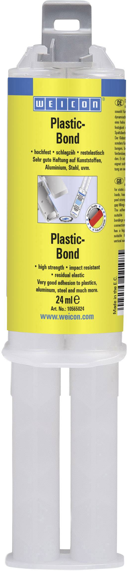 Lepicí kartuše s žlutou etiketou, vpředu viditelný nápis 'Plastic-Bond'; určená pro pevné spoje v různých materiálech.