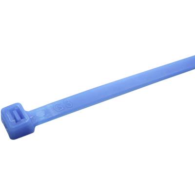 Modrý plastový stahovací pásek, plochý a dlouhý, s uzamykacím mechanismem na konci, používaný ke svazování kabelů nebo jiných předmětů.