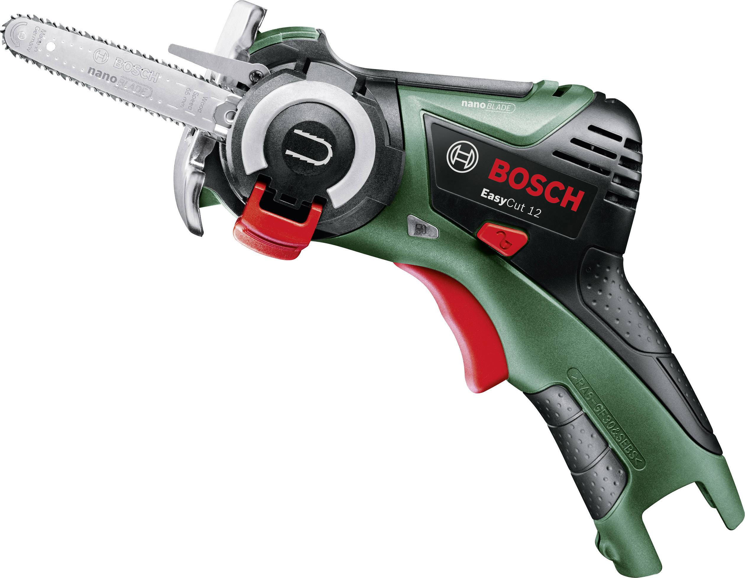 Zelená pila Bosch EasyCut 12 leží stranou. Má kompaktní design s černou rukojetí a červeným bezpečnostním spínačem.