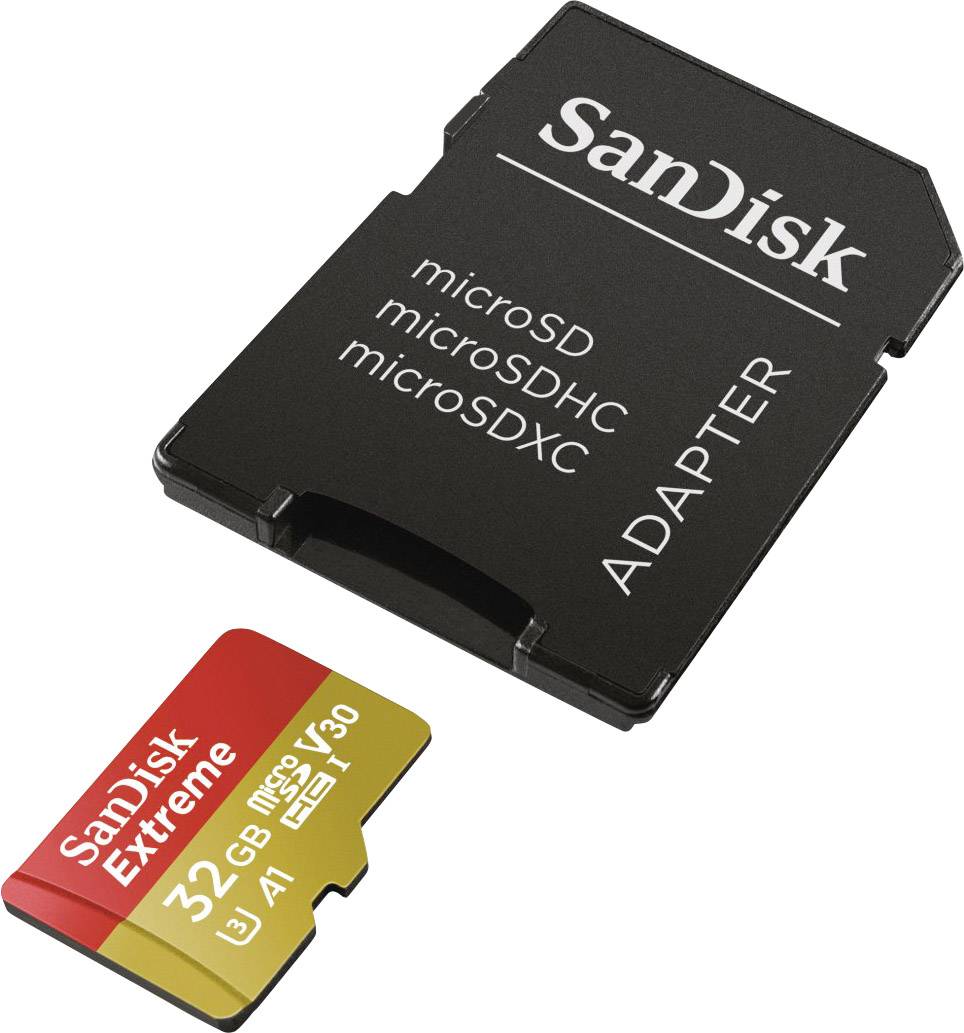 Černá adaptérová karta SanDisk a červeno-žlutá 32GB mikroSD karta série Extreme.