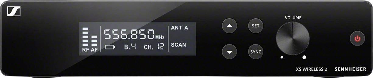 Sennheiserův bezdrátový přijímač zobrazuje na displeji '556.850 MHz', obklopen ovládacími tlačítky a regulací hlasitosti.