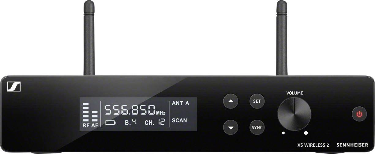 Černý přijímač Sennheiser XS Wireless 2 s displejem zobrazuje '556.850 MHz', anténami, regulátory a několika ovládacími tlačítky.