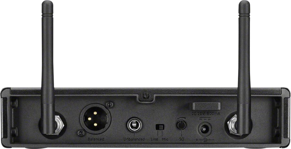 Zadní strana bezdrátového audio přijímače se dvěma anténami a konektory pro XLR, linkový vstup, mikrofon, slot na kartu a napájení.