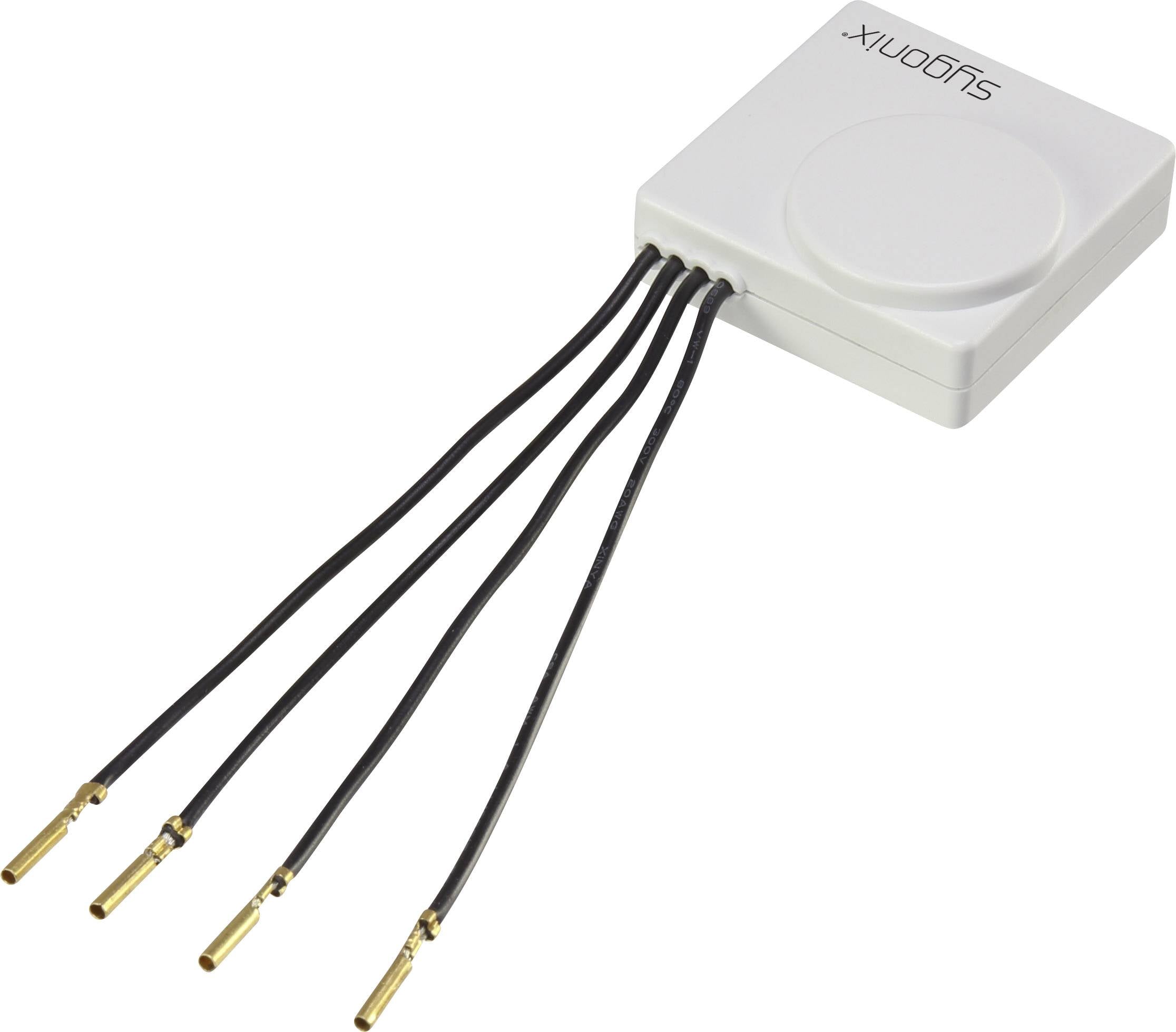 Bílý elektronický modul s pěti tenkými kabely, které končí zlatými konektory. Je označen nápisem 'Sygonix'.