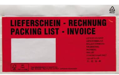 Červený dokument s bílým polem, nápis: 'Dodací list - Faktura. Packing List - Invoice' v několika jazycích.