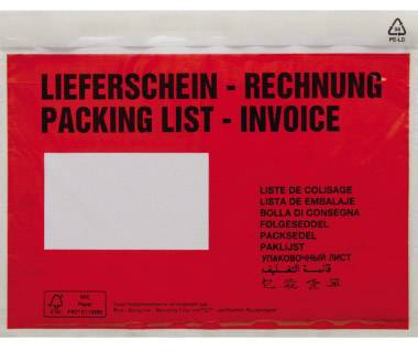 Červená obálka s průhledným okénkem, potištěná: 'Dodací list - Faktura - Packing List - Invoice' v několika jazycích.