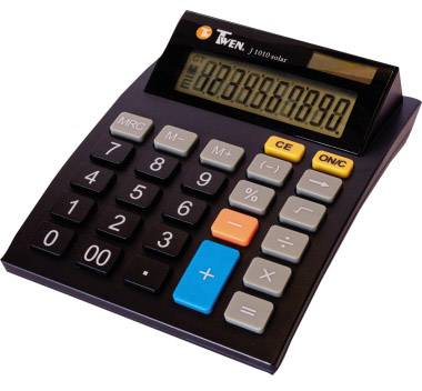 Černá kalkulačka s velkým displejem, zobrazující číslo '88888888', nabízející základní matematické funkce s barevnými tlačítky.