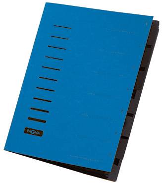 Modrý pořadač s deseti černými děleným registry na pravé straně, které slouží k organizaci dokumentů.