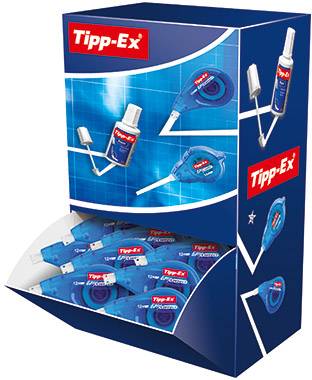 Reklamní stojan s různými produkty Tipp-Ex, včetně korekčních rollerů a korekční tekutiny, prezentovaný v modro-bílém designu.