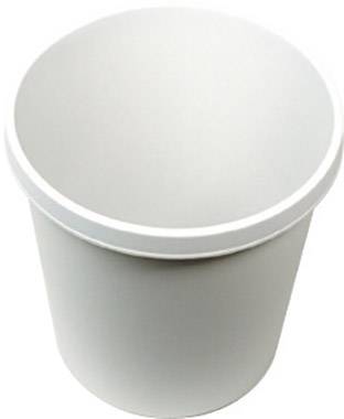 Bílý, kulatý plastový kontejner s víkem, který se typicky používá pro uchovávání potravin nebo jiných předmětů.