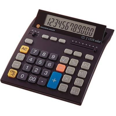 Stolní kalkulačka s velkým displejem zobrazuje čísla '1234567890'. Má barevné klávesy, včetně modré klávesy plus a žluté klávesy minus.