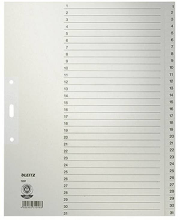 Leitz 1231 rejstřík DIN A4, nadměrná šířka  1-31  bezdřevý papír šedá 31 karet   12310085