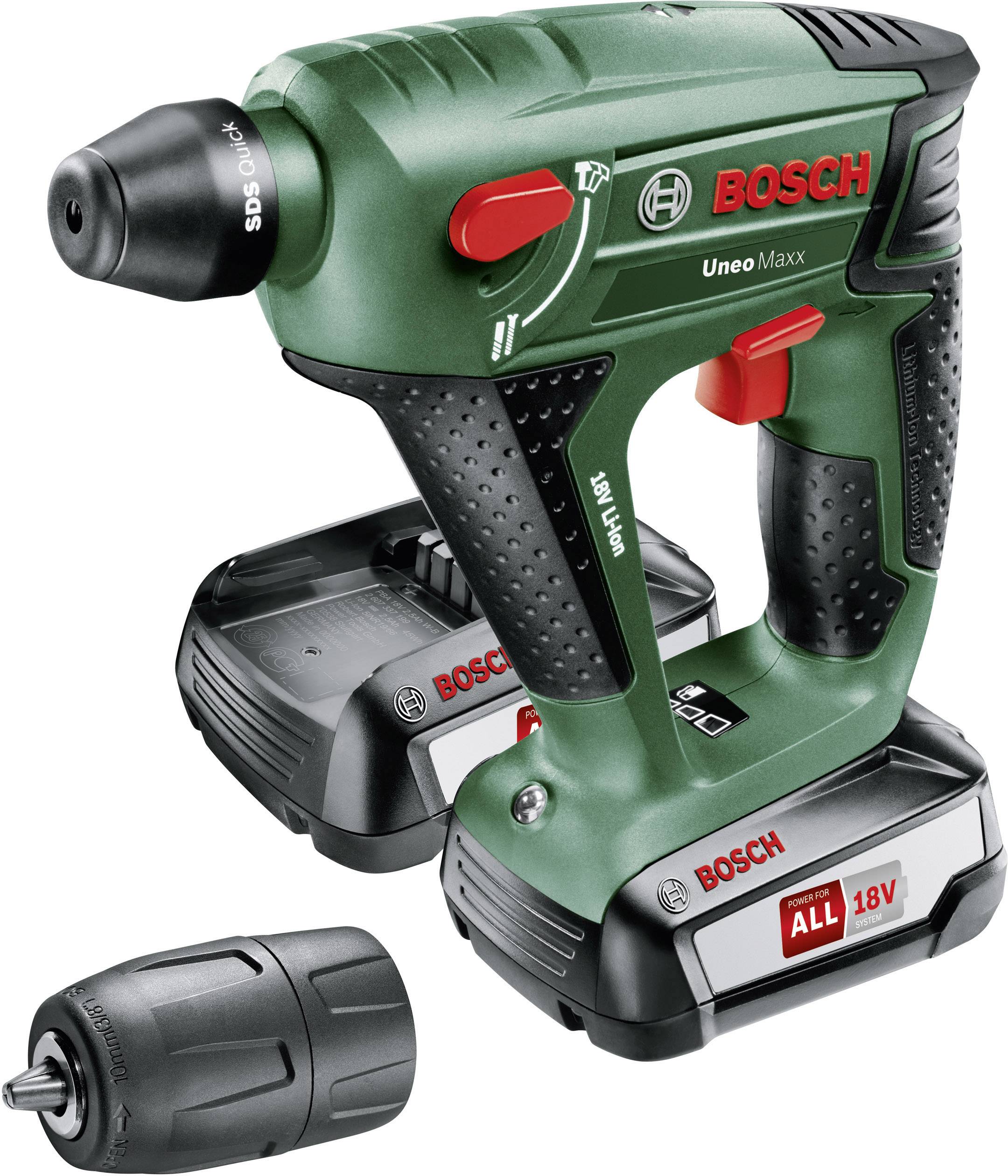 Zelený Bosch aku-vrtací kladivo 'Uneo Maxx' se dvěma 18V akumulátory a vrtací nástavec. Ideální pro domácí kutilské projekty a všestranné použití.