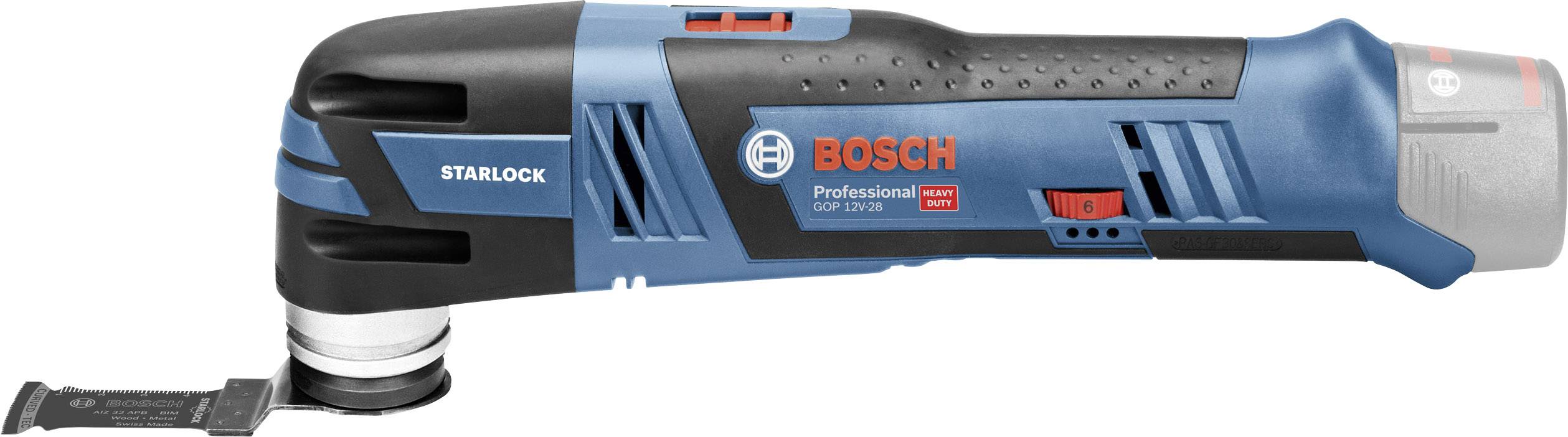 Bosch akumulátorový multifunkční řezací přístroj se systémem Starlock, modré provedení, ergonomický design, určený pro profesionální řezací a brousicí práce.