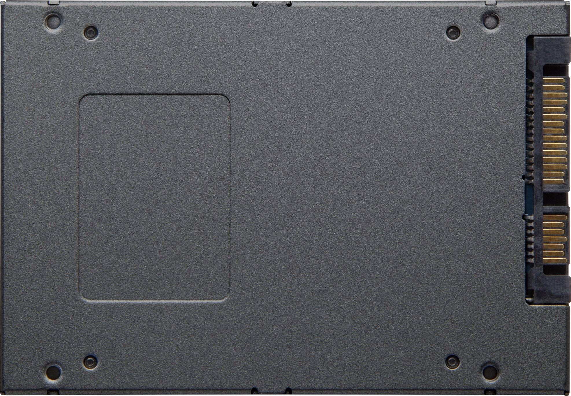 Šedý SSD disk s viditelnými konektory na pravé straně, pohled shora.