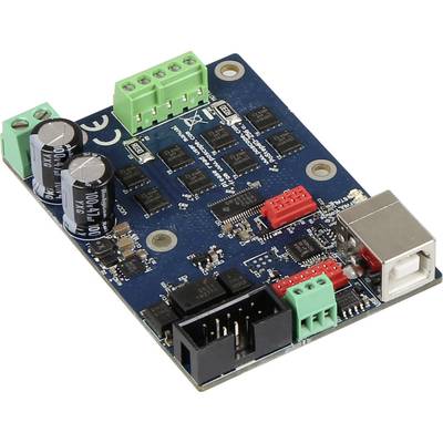 Modrá deska plošných spojů s několika černými a zelenými konektory, stříbrnými kondenzátory a USB portem.