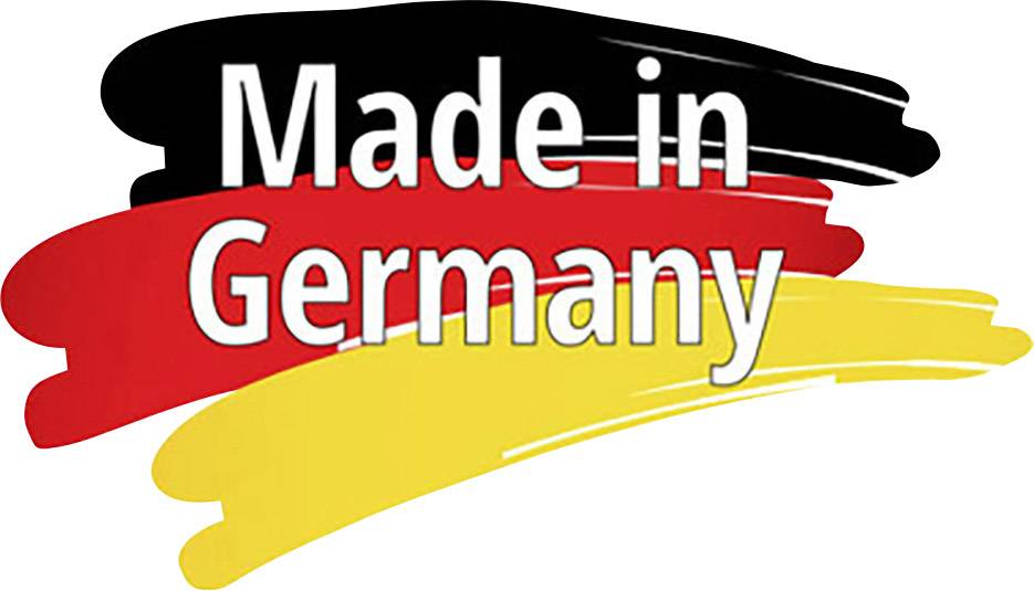 Nápis 'Made in Germany' bílým písmem na pozadí tvořeném vodorovnými barevnými pruhy v černé, červené a zlaté barvě.