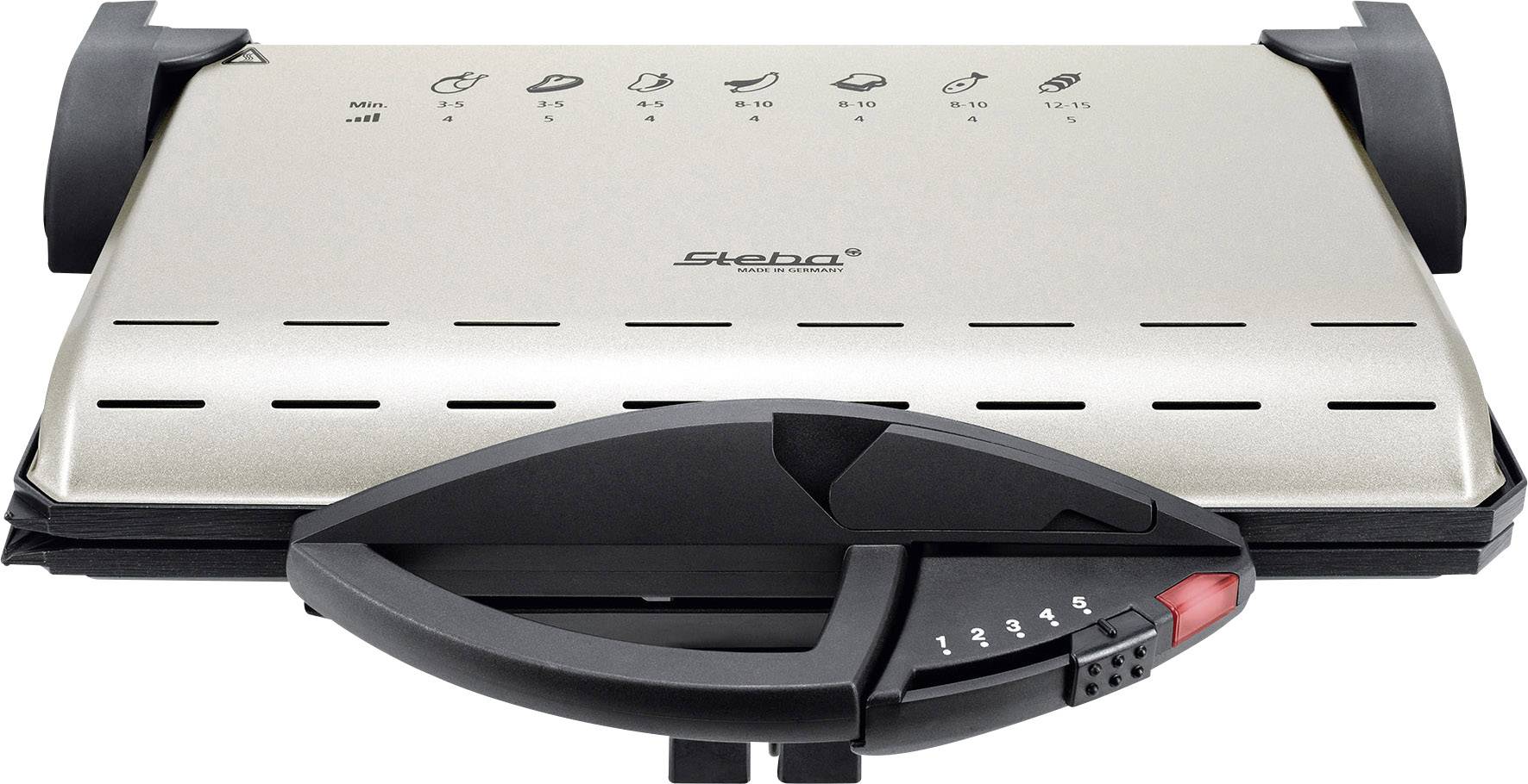 Elektrický kontaktní gril z nerezové oceli s regulací teploty. Vhodný pro grilování a přípravu toastů.